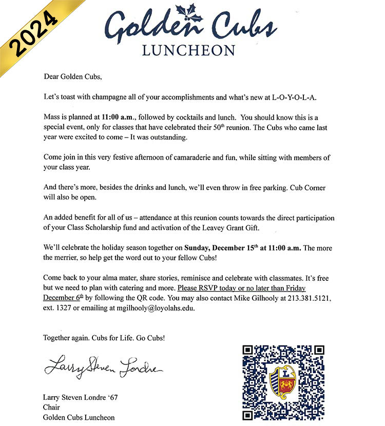 Golden Cubs Luncheon Letter 2024