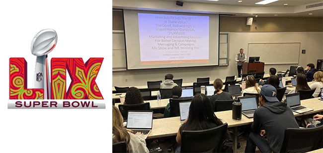 Pepperdine Seaver College for 275 Intro to Advertising and 385 Ad Copy and Art Strategies Super Bowl logo and class